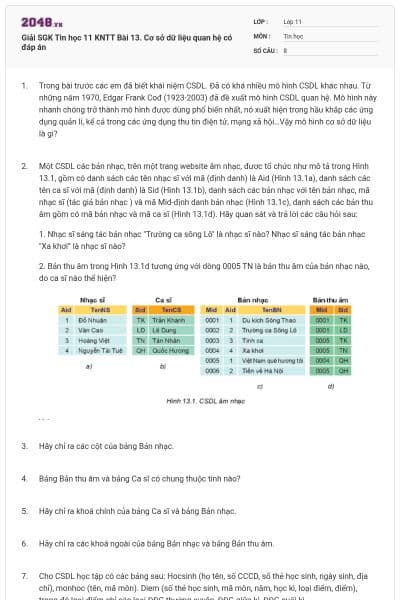 Giải SGK Tin học 11 KNTT Bài 13. Cơ sở dữ liệu quan hệ có đáp án