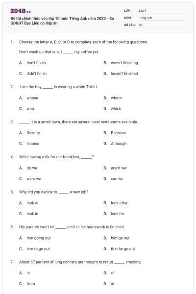 Đề thi chính thức vào lớp 10 môn Tiếng Anh năm 2023 - Sở GD&ĐT Bạc Liêu có đáp án