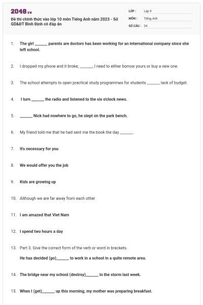 Đề thi chính thức vào lớp 10 môn Tiếng Anh năm 2023 - Sở GD&ĐT Bình Định có đáp án