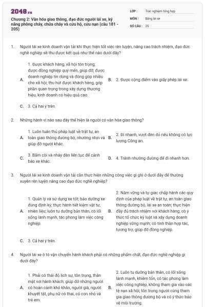 Chương 2: Văn hóa giao thông, đạo đức người lái xe, kỹ năng phòng cháy, chữa cháy và cứu hộ, cứu nạn (câu 181 - 205)