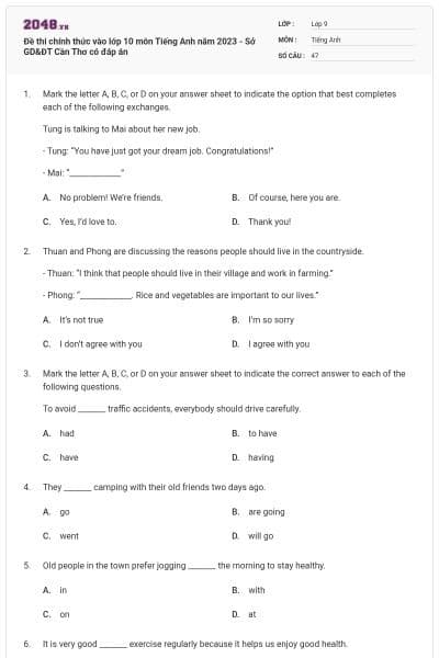 Đề thi chính thức vào lớp 10 môn Tiếng Anh năm 2023 - Sở GD&ĐT Cần Thơ có đáp án