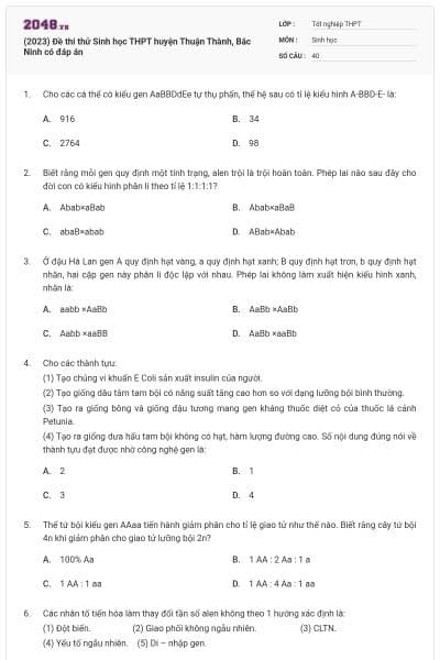 (2023) Đề thi thử Sinh học THPT huyện Thuận Thành, Bắc Ninh có đáp án