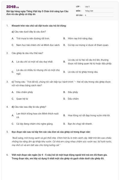 Bài tập hàng ngày Tiếng Việt lớp 5 Chân trời sáng tạo Câu đơn và câu ghép có đáp án