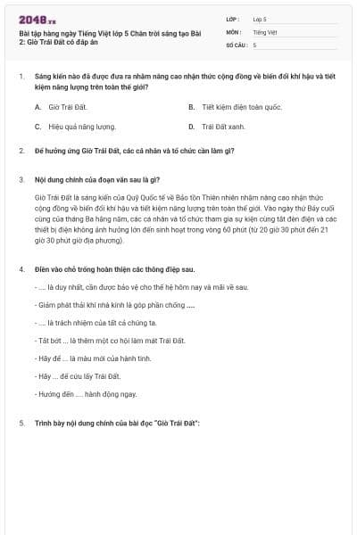 Bài tập hàng ngày Tiếng Việt lớp 5 Chân trời sáng tạo Bài 2: Giờ Trái Đất có đáp án