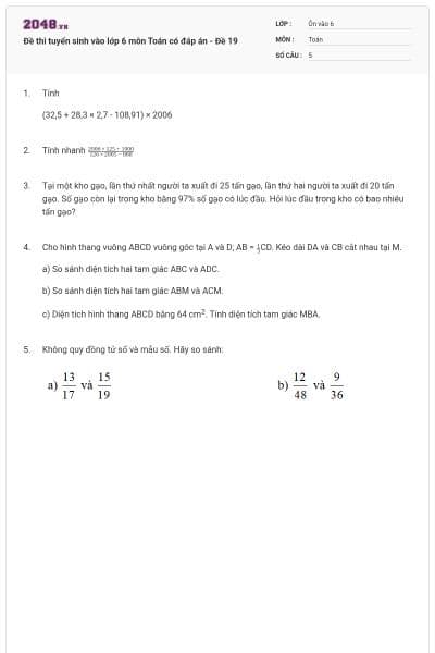 Đề thi tuyển sinh vào lớp 6 môn Toán có đáp án - Đề 19