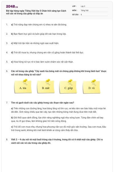 Bài tập hàng ngày Tiếng Việt lớp 5 Chân trời sáng tạo Cách nối các vế trong câu ghép có đáp án