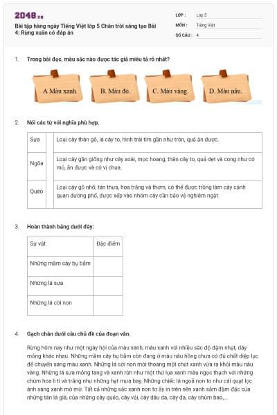 Bài tập hàng ngày Tiếng Việt lớp 5 Chân trời sáng tạo Bài 4: Rừng xuân có đáp án