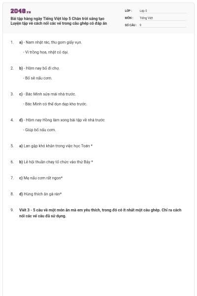 Bài tập hàng ngày Tiếng Việt lớp 5 Chân trời sáng tạo Luyện tập về cách nối các vế trong câu ghép có đáp án