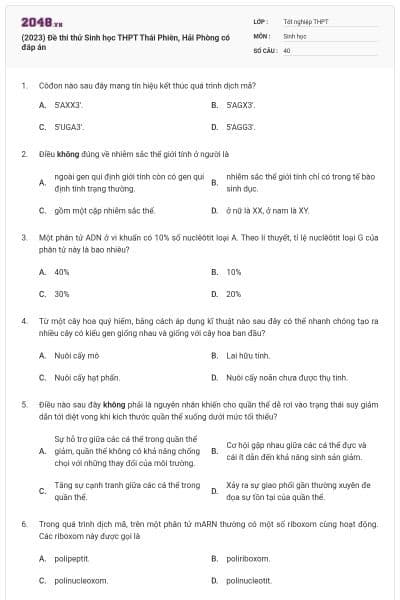 (2023) Đề thi thử Sinh học THPT Thái Phiên, Hải Phòng có đáp án