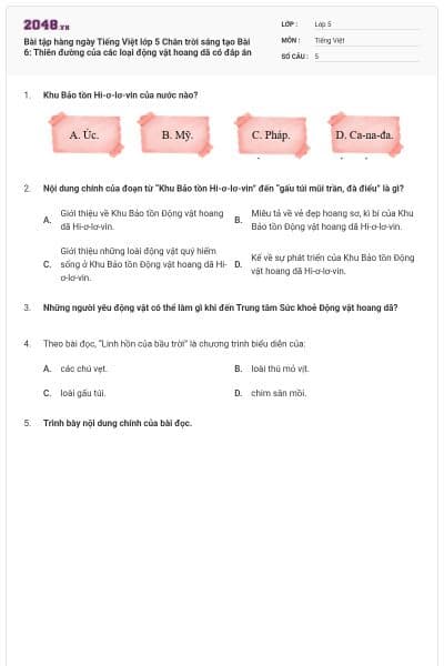 Bài tập hàng ngày Tiếng Việt lớp 5 Chân trời sáng tạo Bài 6: Thiên đường của các loại động vật hoang dã có đáp án