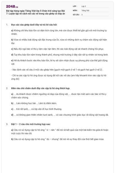 Bài tập hàng ngày Tiếng Việt lớp 5 Chân trời sáng tạo Bài 7: Luyện tập về cách nối các vế trong câu ghép có đáp án
