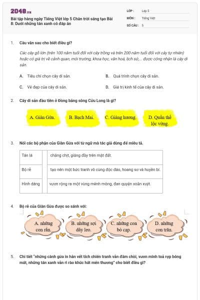 Bài tập hàng ngày Tiếng Việt lớp 5 Chân trời sáng tạo Bài 8: Dưới những tán xanh có đáp án