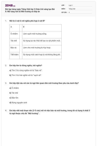 Bài tập hàng ngày Tiếng Việt lớp 5 Chân trời sáng tạo Bài 8: Mở rộng vốn từ Môi trường có đáp án