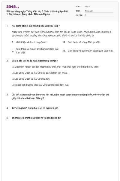 Bài tập hàng ngày Tiếng Việt lớp 5 Chân trời sáng tạo Bài 1: Sự tích con Rồng cháu Tiên có đáp án