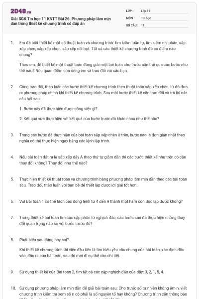 Giải SGK Tin học 11 KNTT Bài 26. Phương pháp làm mịn dần trong thiết kế chương trình có đáp án