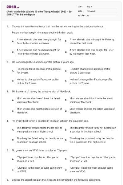 Đề thi chính thức vào lớp 10 môn Tiếng Anh năm 2023 - Sở GD&ĐT Yên Bái có đáp án