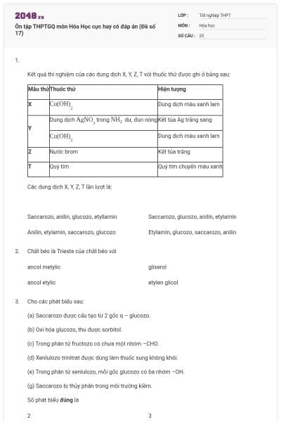 Ôn tập THPTGQ môn Hóa Học cực hay có đáp án (Đề số 17)