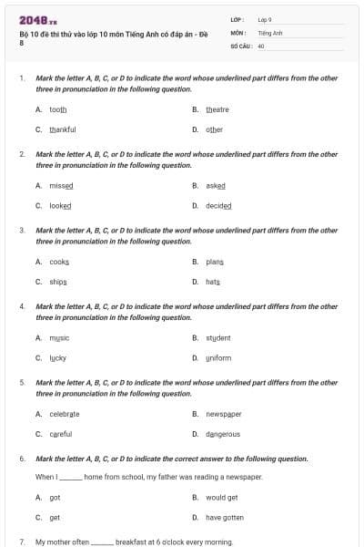 Bộ 10 đề thi thử vào lớp 10 môn Tiếng Anh có đáp án - Đề 8