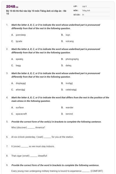 Bộ 10 đề thi thử vào lớp 10 môn Tiếng Anh có đáp án - Đề 10