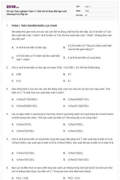 20 câu Trắc nghiệm Toán 11 Kết nối tri thức Bài tập cuối chương 8 có đáp án