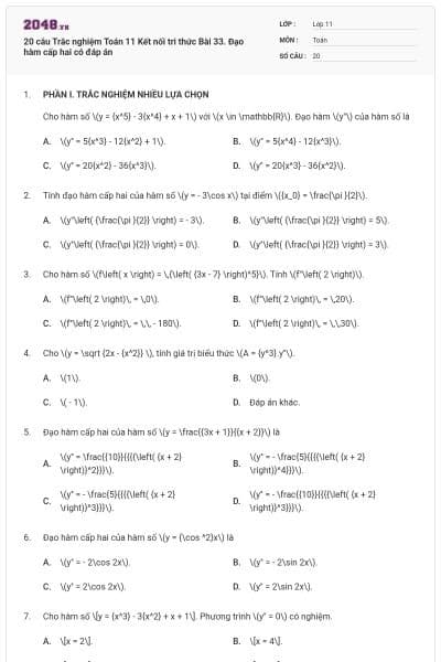 20 câu Trắc nghiệm Toán 11 Kết nối tri thức Bài 33. Đạo hàm cấp hai có đáp án