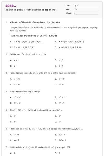 Đề kiểm tra giữa kì 1 Toán 6 Cánh diều có đáp án (Đề 4)