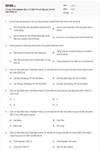13 câu Trắc nghiệm Địa Lí 12 Bài 18 (có đáp án): Đô thị hóa (Phần 2)