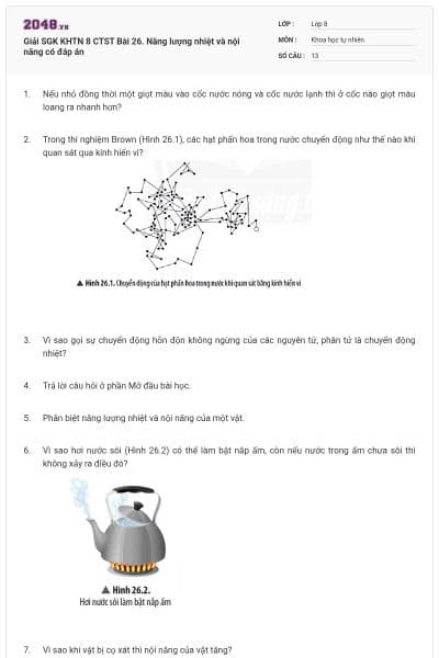 Giải SGK KHTN 8 CTST Bài 26. Năng lượng nhiệt và nội năng có đáp án