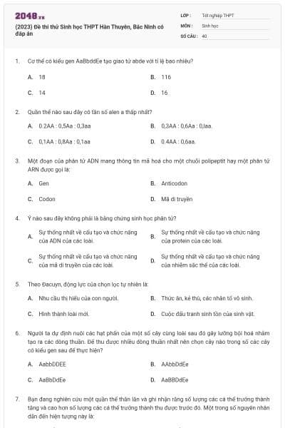 (2023) Đề thi thử Sinh học THPT Hàn Thuyên, Bắc Ninh có đáp án