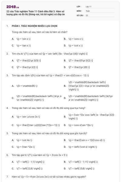 22 câu Trắc nghiệm Toán 11 Cánh diều Bài 3. Hàm số lượng giác và đồ thị (Đúng-sai, trả lời ngắn) có đáp án
