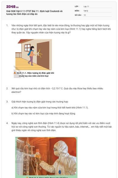 Giải SGK Vật lí 11 CTST Bài 11. Định luật Coulomb về tương tác tĩnh điện có đáp án