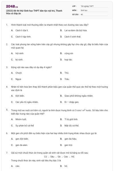 (2023) Đề thi thử Sinh học THPT dân tộc nội trú, Thanh Hóa có đáp án
