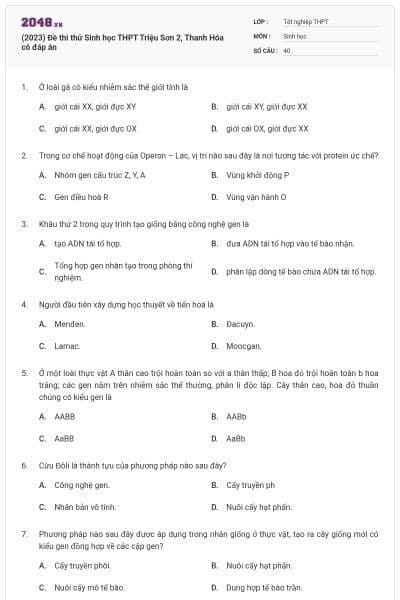 (2023) Đề thi thử Sinh học THPT Triệu Sơn 2, Thanh Hóa có đáp án