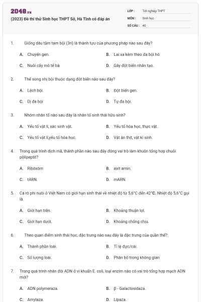 (2023) Đề thi thử Sinh học THPT Sở, Hà Tĩnh có đáp án