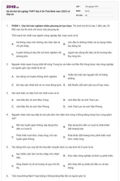 Đề thi thử tốt nghiệp THPT Địa lí Sở Thái Bình năm 2025 có đáp án