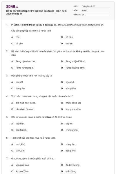 Đề thi thử tốt nghiệp THPT Địa lí Sở Bắc Giang - lần 1 năm 2025 có đáp án