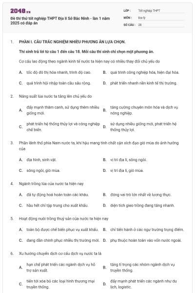 Đề thi thử tốt nghiệp THPT Địa lí Sở Bắc Ninh - lần 1 năm 2025 có đáp án