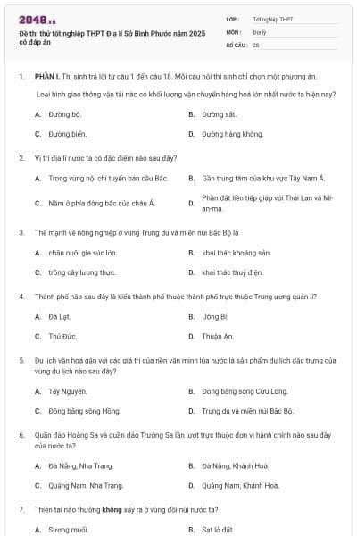 Đề thi thử tốt nghiệp THPT Địa lí Sở Bình Phước năm 2025 có đáp án