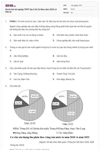 Đề thi thử tốt nghiệp THPT Địa lí Sở Cà Mau năm 2025 có đáp án