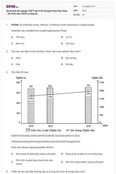 Đề thi thử tốt nghiệp THPT Địa lí Sở Chuyên Phan Bội Châu - Hà Tĩnh năm 2025 có đáp án