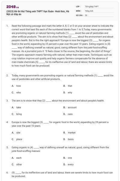 (2023) Đề thi thử Tiếng anh THPT Vạn Xuân- Hoài Đức, Hà Nội có đáp án