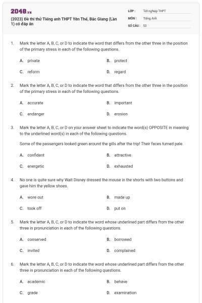 (2023) Đề thi thử Tiếng anh THPT Yên Thế, Bắc Giang (Lần 1) có đáp án