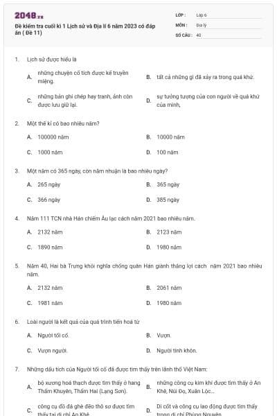Đề kiểm tra cuối kì 1 Lịch sử và Địa lí 6 năm 2023 có đáp án ( Đề 11)
