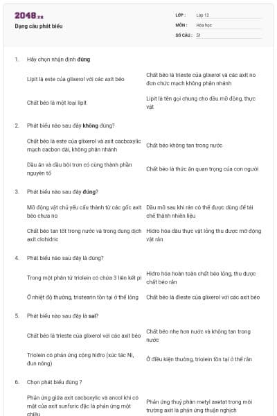 Dạng câu phát biểu