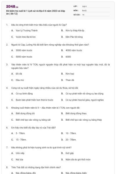Đề kiểm tra cuối kì 1 Lịch sử và Địa lí 6 năm 2023 có đáp án ( Đề 12)