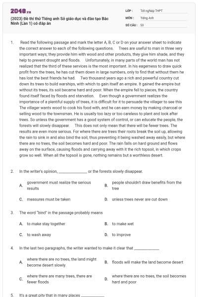(2023) Đề thi thử Tiếng anh Sở giáo dục và đào tạo Bắc Ninh (Lần 1) có đáp án