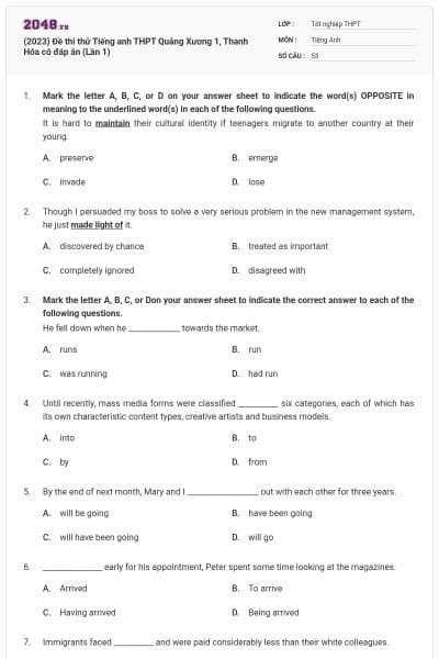 (2023) Đề thi thử Tiếng anh THPT Quảng Xương 1, Thanh Hóa có đáp án (Lần 1)