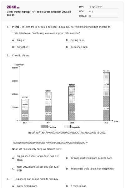 Đề thi thử tốt nghiệp THPT Địa lí Sở Hà Tĩnh năm 2025 có đáp án