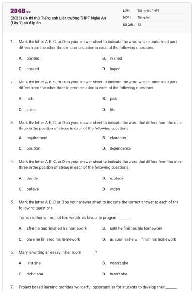 (2023) Đề thi thử Tiếng anh Liên trường THPT Nghệ An (Lần 1) có đáp án