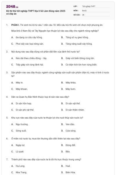 Đề thi thử tốt nghiệp THPT Địa lí Sở Lâm Đồng năm 2025 có đáp án